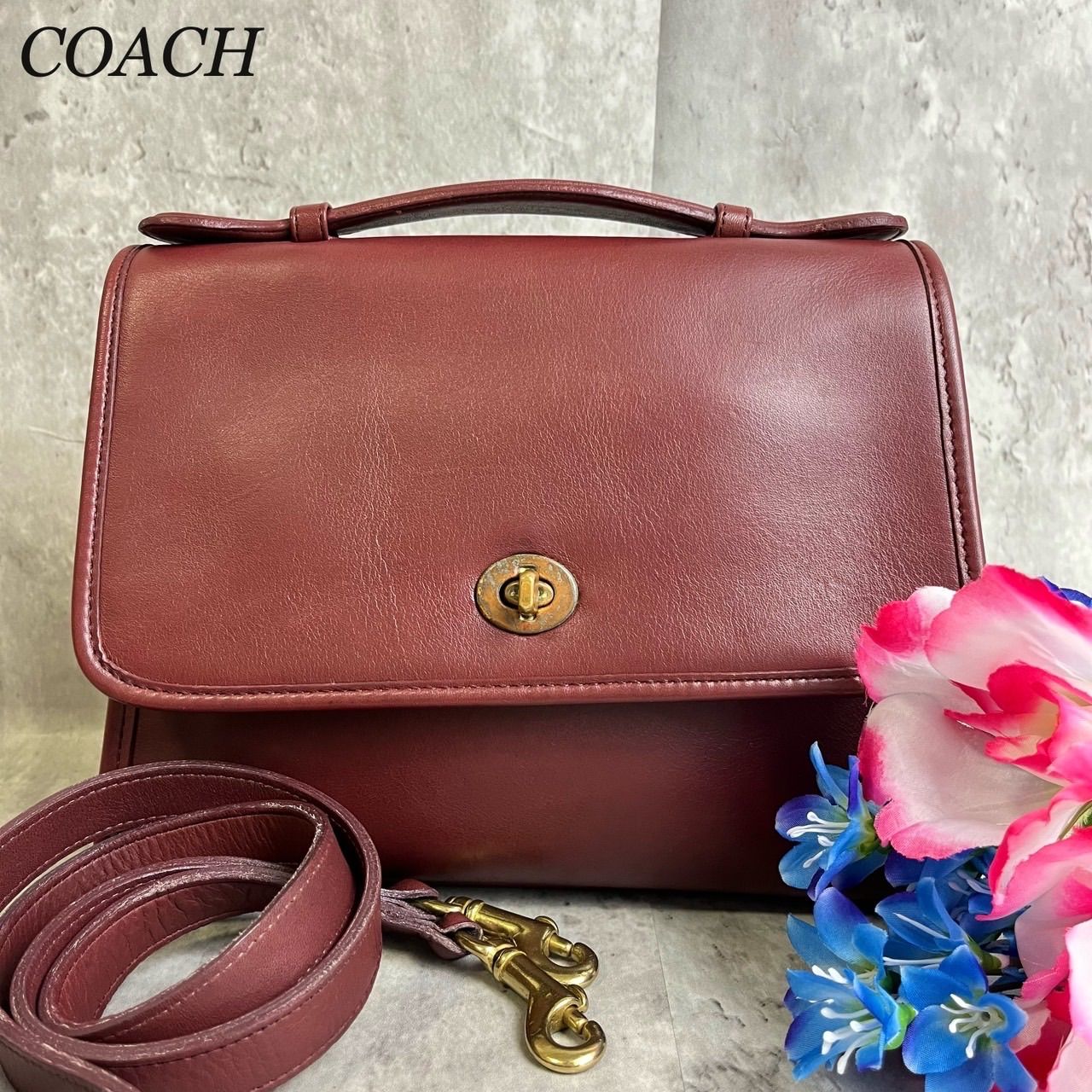 ✨良品✨ OLD COACH オールドコーチ 2way コートバッグ ショルダーバッグ ハンドバッグ コートバッグ ターンロック ゴールド金具  ロゴ型押し グラブタンレザー 肩掛け 斜め掛け レディース ボルドー 濃赤色|mercariメルカリ官方指定廠商|Bibian比比昂代買代購