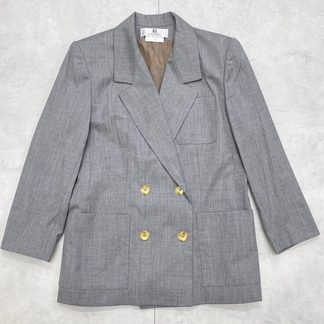GIVENCHY ジバンシー フランス製 セットアップ 金ボタン ダブル ジャケット スカート 2点セット グレー ヴィンテージ 42