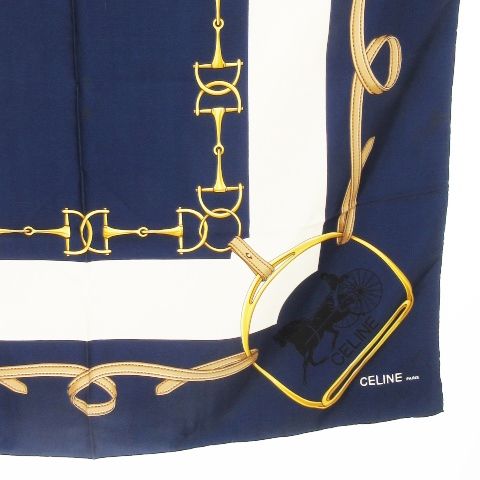 ☆CELINE☆ スカーフ 競馬 競馬場 シルク ネイビー