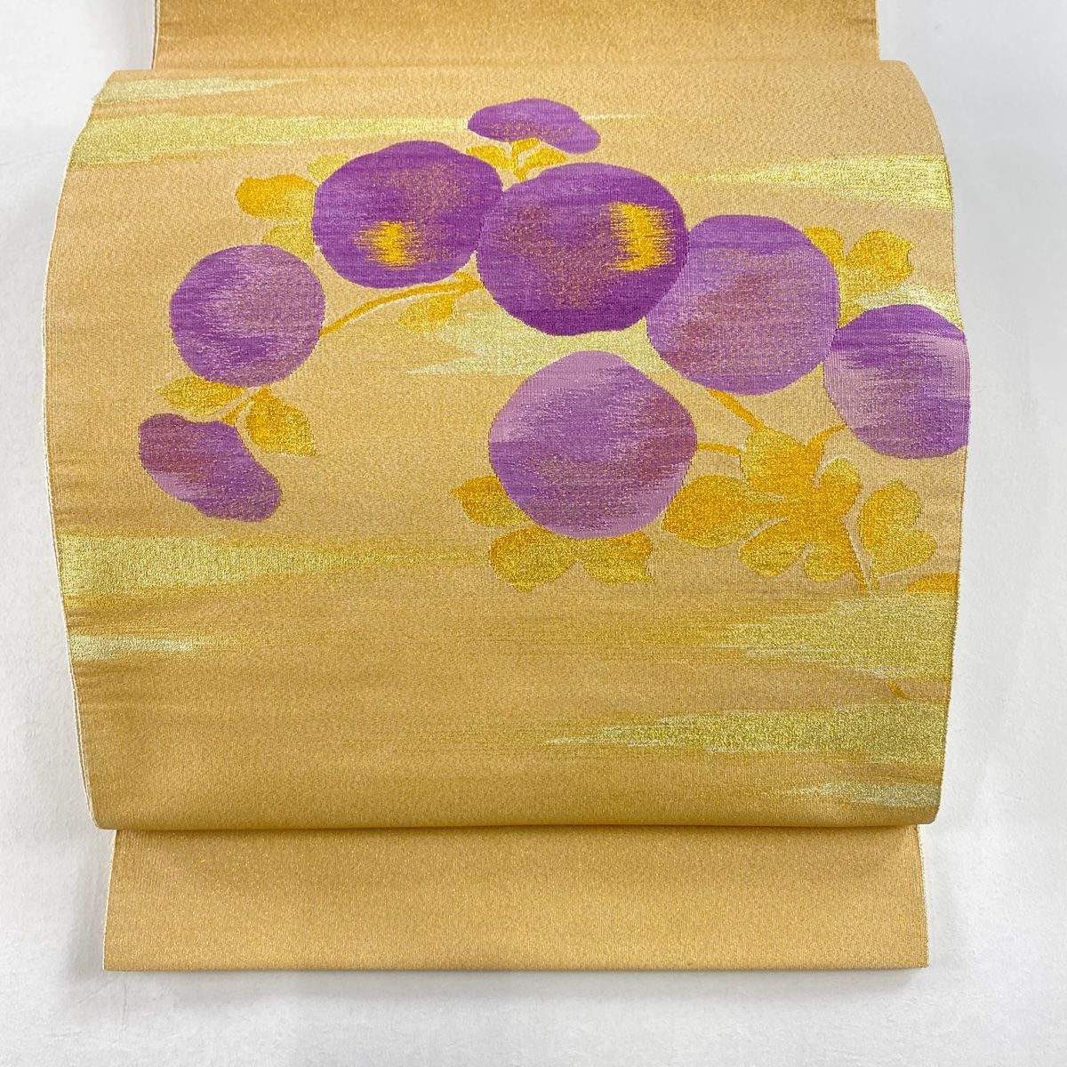 袋帯 名品 落款 帝王紫 饅頭菊 霞 金糸 山吹色 お太鼓柄 正絹
