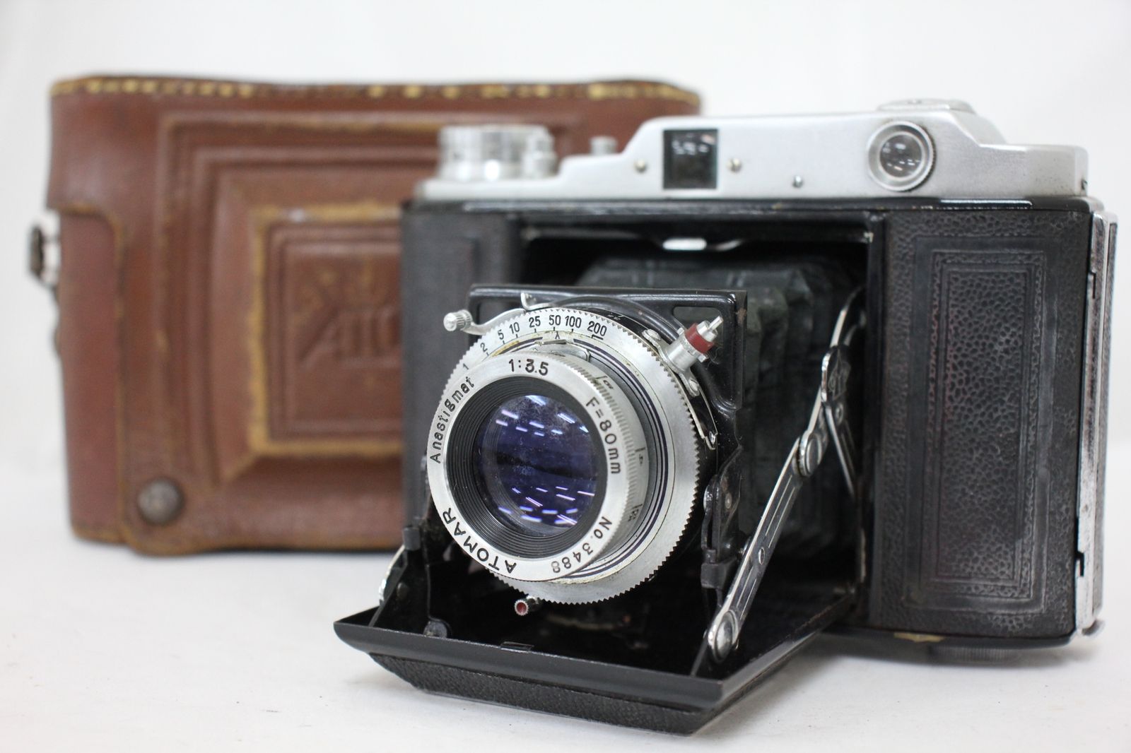 訳あり品 ATOM-6 ATOMAR Anastigmat 80mm F3.5 ケース付き 蛇腹カメラ e2794