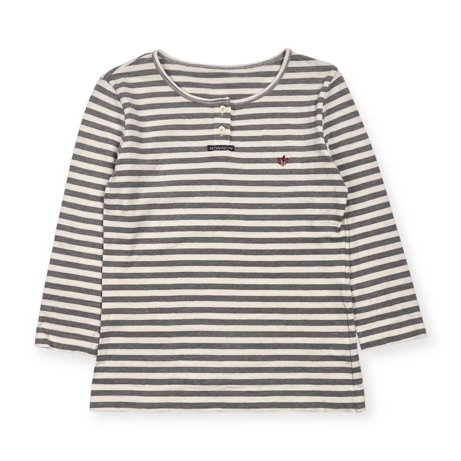 Mademoiselle NON NON マドモアゼルノンノン ボーダー ヘンリーネック 七分袖 Tシャツ カットソー  M/グレー×ホワイト レディース Mademoiselle NON NON マドモアゼルノンノン ボーダー ヘンリーネック