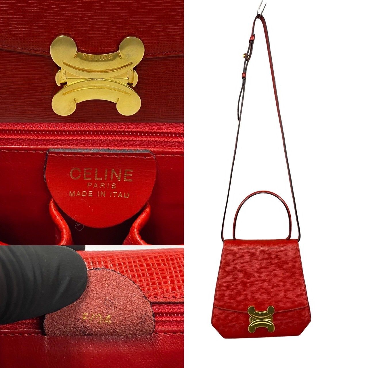 ほぼ未使用 希少品 袋付き CELINE セリーヌ トリオンフ ロゴ 金具 レザー 本革 2way ハンドバッグ ショルダーバッグ レッド 13233  - メルカリ