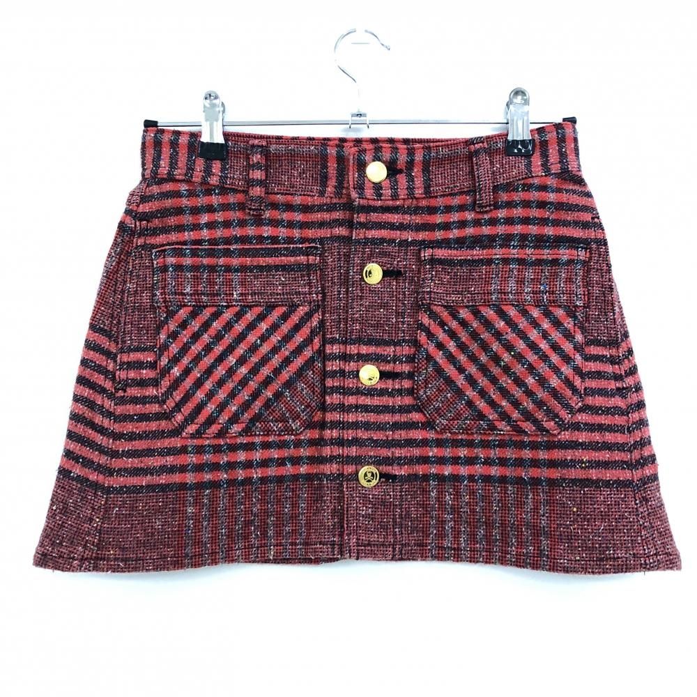 超 マークアンドロナ スカート レッド系×黒 チェック 起毛素材 ストレッチ レディース S ゴルフウェア MARK＆LONA