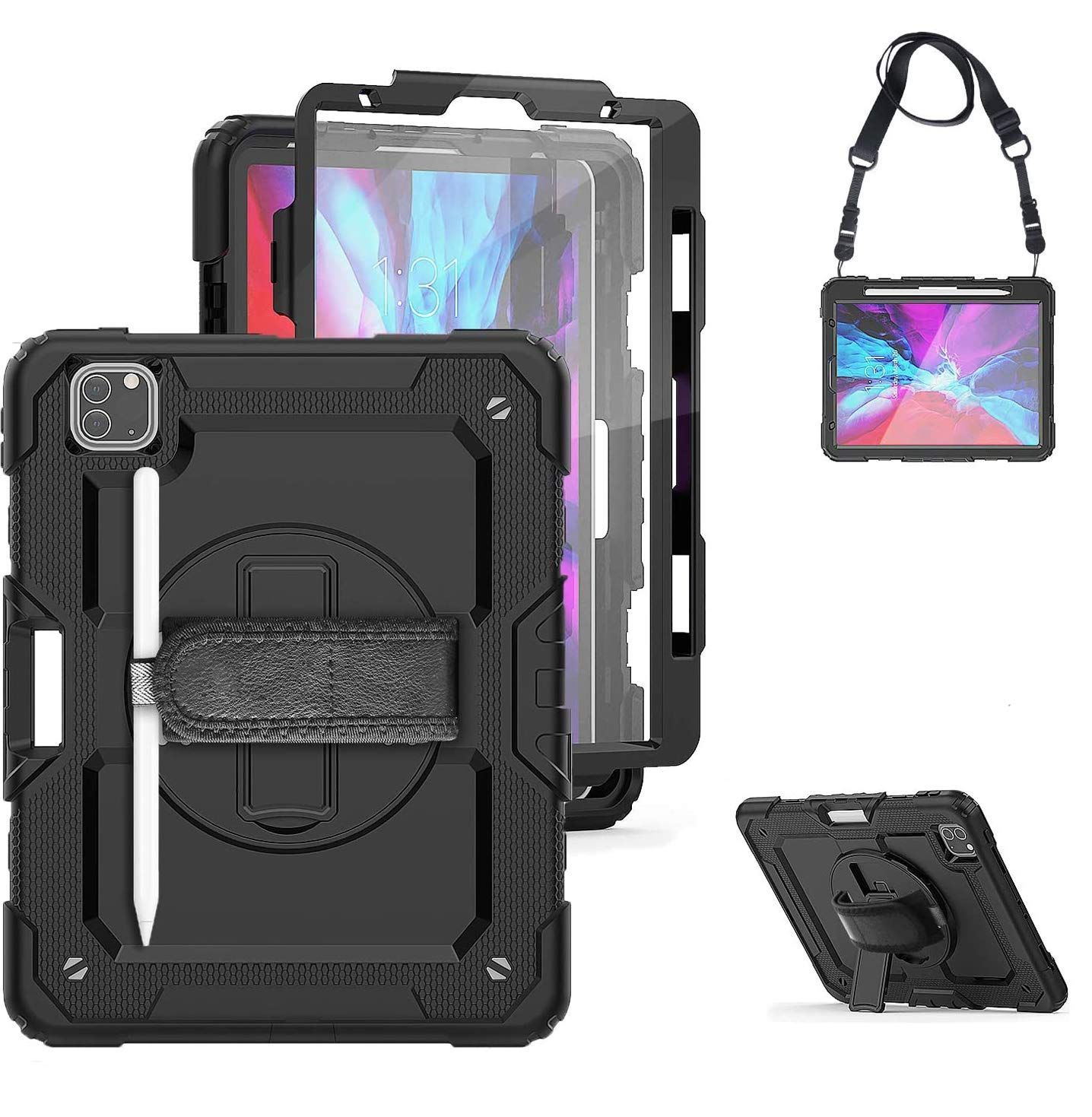 Pro 11インチケース 2020 2018 iPad Air 4 10 9インチ 2020年モデル 保護ケース 耐衝撃 耐擦傷 3層保護 360°回転スタンド 5 内蔵保護フィルム 調整 頑丈 リストストラップ Heriz