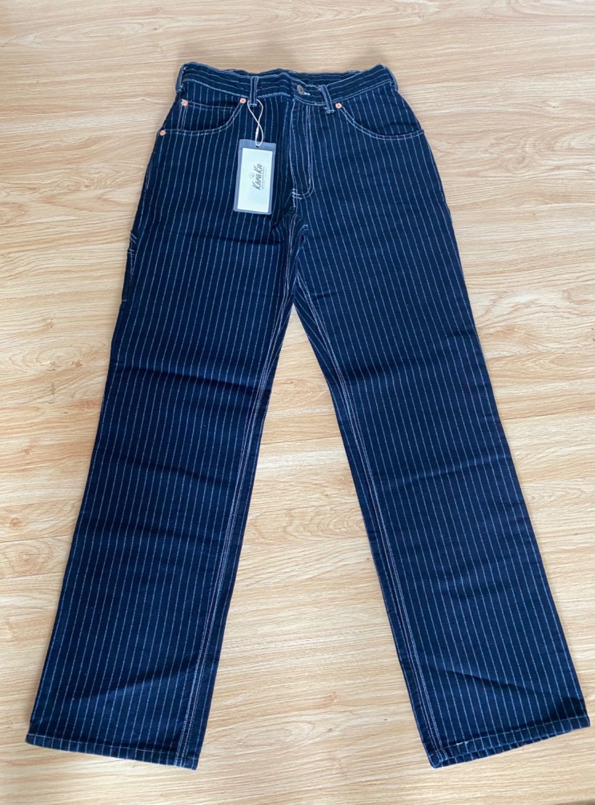 【新品】Mサイズ ウォバッシュストライプ デニムパンツ ストライプデニム ウォバッシュストライプワークパンツ スリムデニムラインパンツ