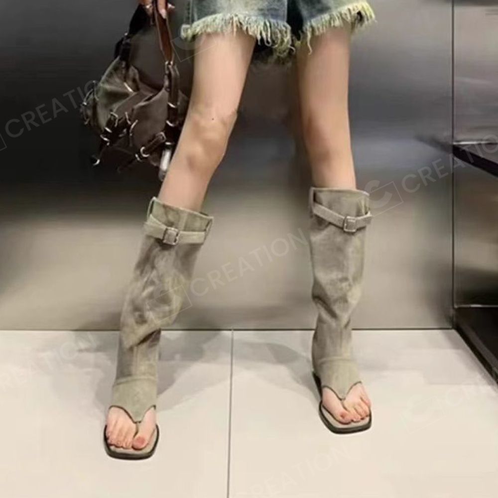  レトロウエスタン グリーンサンダル ヒール2 cm 足指オープンデザイン 軽量-通気性 通勤 学生向け 夏 XZ 0524 トングサンダル サンダル ミュール