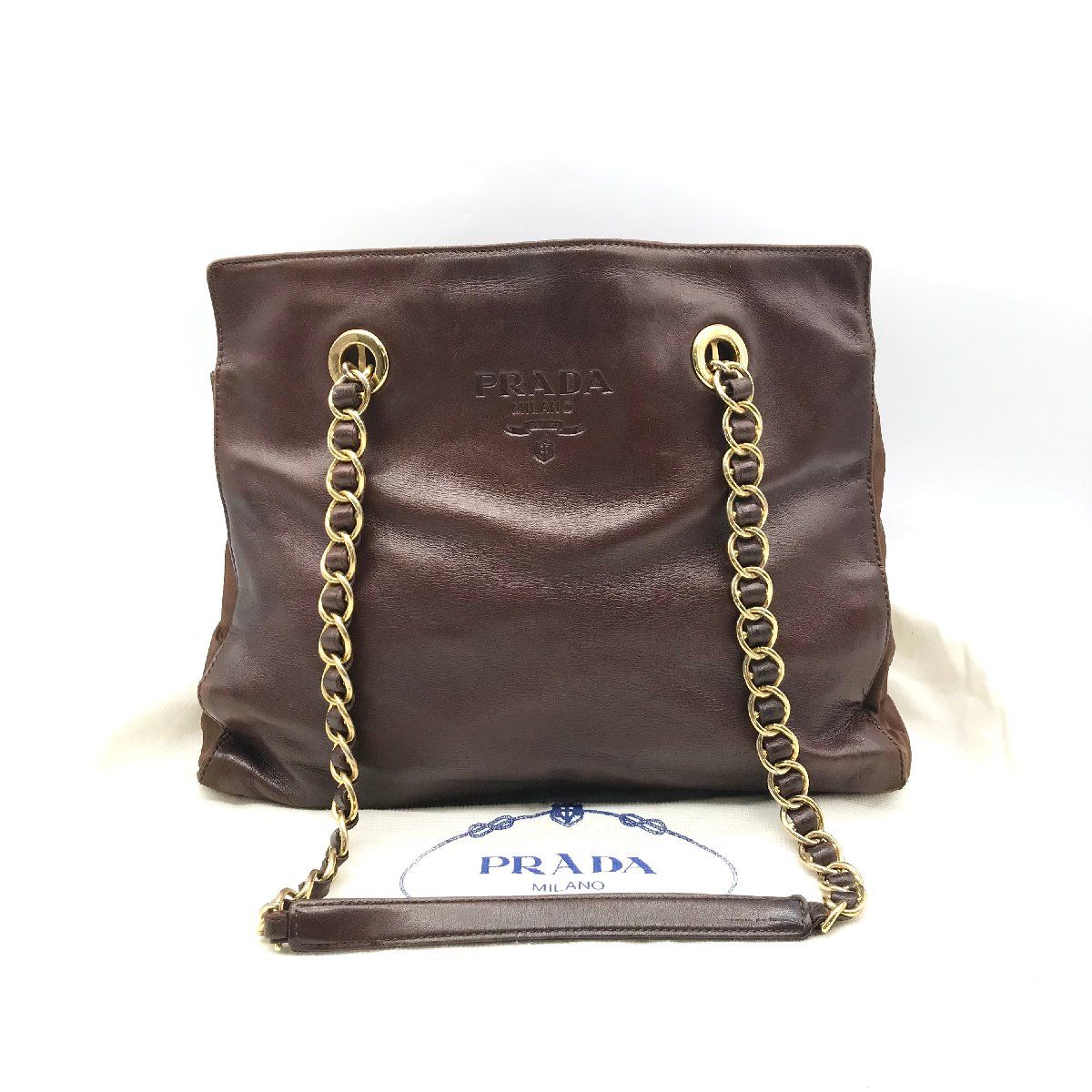 PRADA プラダ 三角ロゴ レザー×ナイロン チェーン ショルダー バッグ 茶色 良品 a603 PRADA プラダ 三角ロゴ レザー×ナイロン チェーン ショルダー バッグ