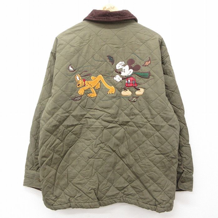 L/古着 長袖 キルティング ジャケット メンズ 00s ディズニー ミッキー プルート 刺繍 コットン 襟コーデュロイ 緑 グリーン spe 24oct05 