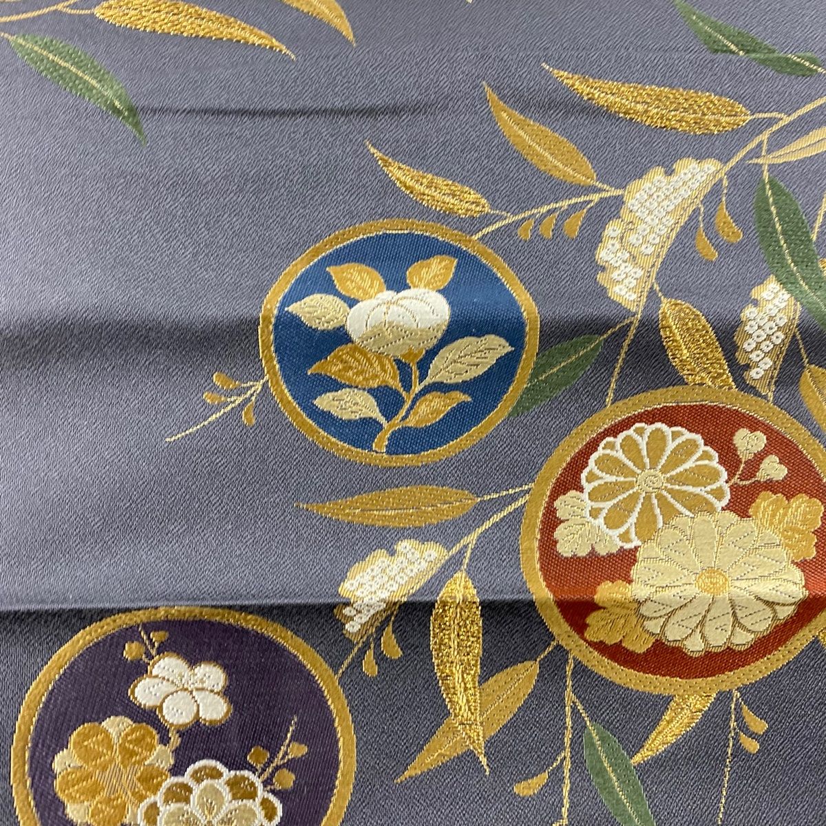 名古屋帯 秀品 花喰い鳥 草花 唐織 箔 ピンク 正絹 中古 名古屋帯 美