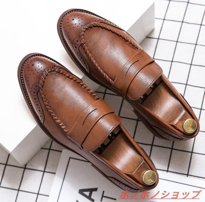 特売 ローファー スリッポン メンズ 職人手作り レザーシューズ ビジネスシューズ イギリス風 牛革 革靴 通勤 24cm 28.5cmブラウン