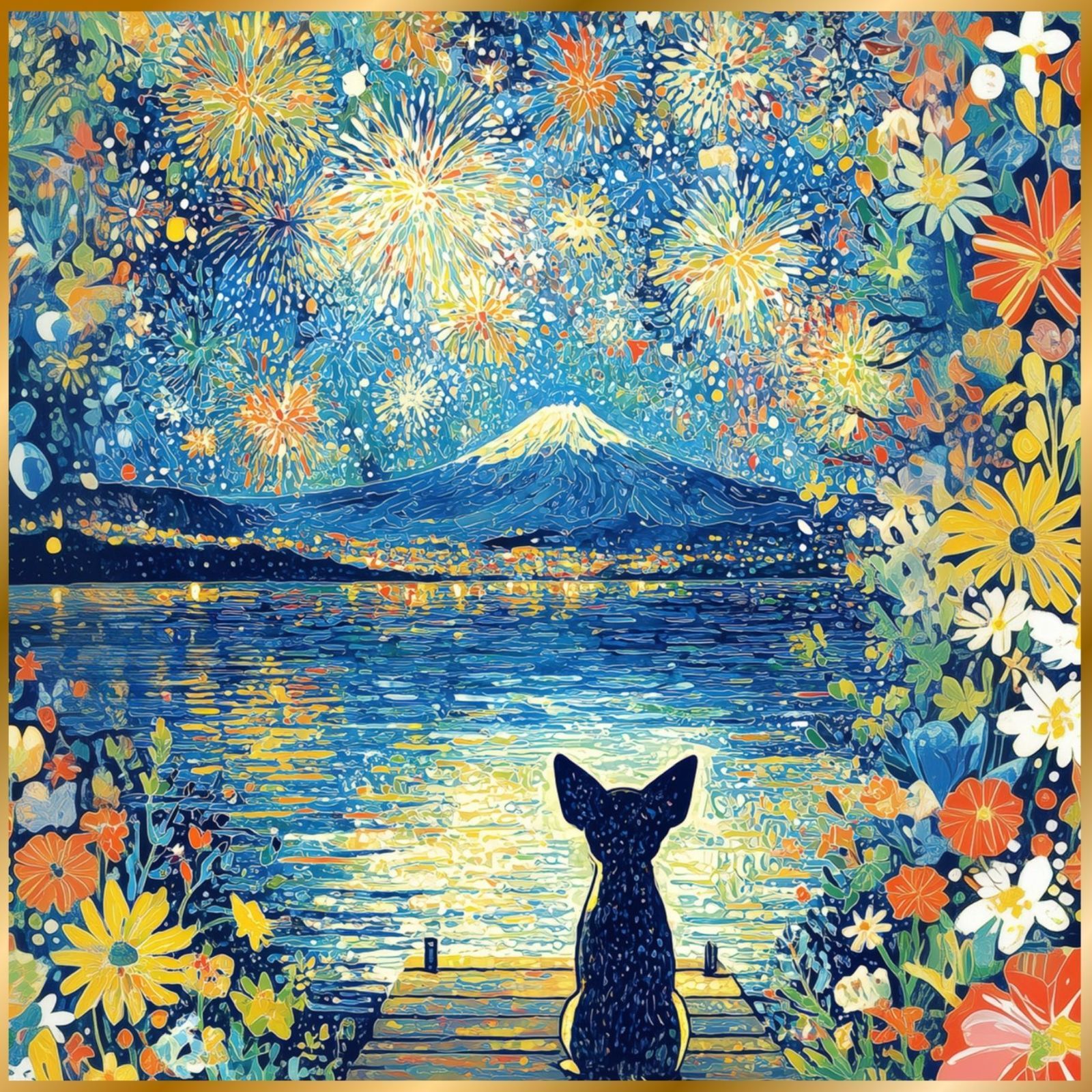 君と見た夏 - チワワ犬 富士山 花火 幻想的 ファンタジー アート インテリア うちの子記念日 ペットロス アートポスター 犬の絵 犬のイラスト