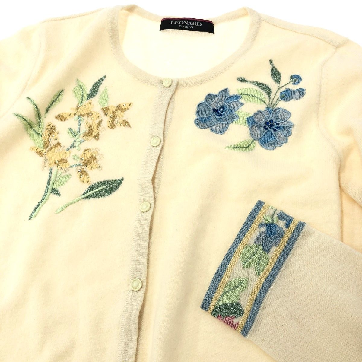 LEONARD クリーム色 花柄刺繍 長袖カーディガン