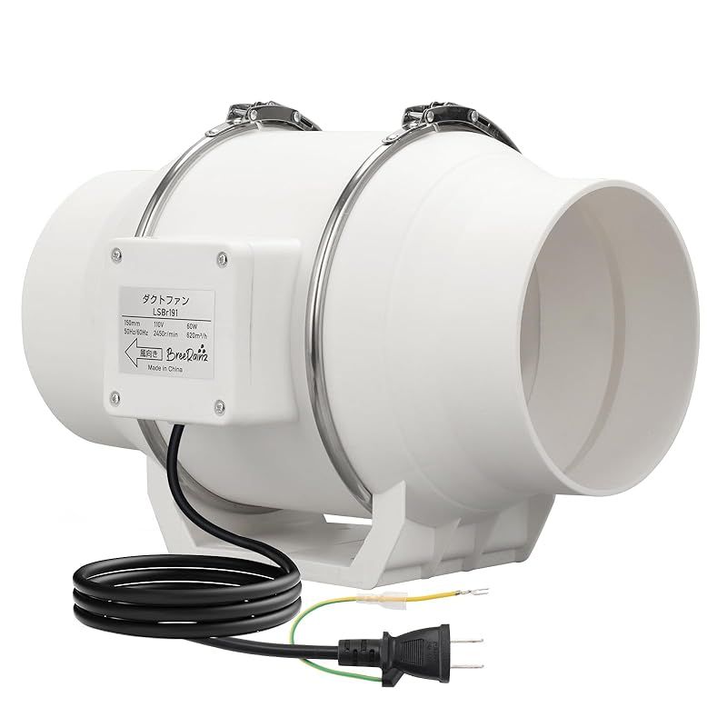 【新品】 BreeRainz ダクトファン Φ150mm 強力 ダクト用換気扇 風量620m3/h 大風量 省エネ 低騒音 排気ファン 中間取付 塗装ブース用 家焼肉 家庭用 業務用 排風機 丸形タイプ 110V 日本仕様電源プラ