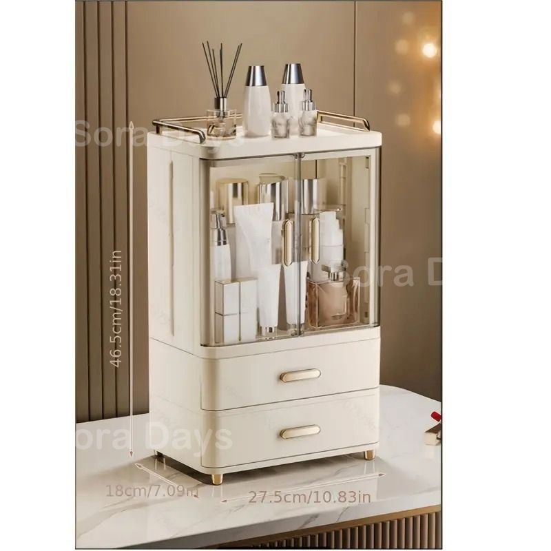 爽やかな メイクスタンド コスメボックス 扉付き 2段引き出し 収納ボックス おしゃれ かわいい シンプル 感 モダン ナチュラル クラシック インテリア 北欧 バスルーム 化粧品 ベッドルーム パウダールーム ホワイト 27.5×18×46.5cm