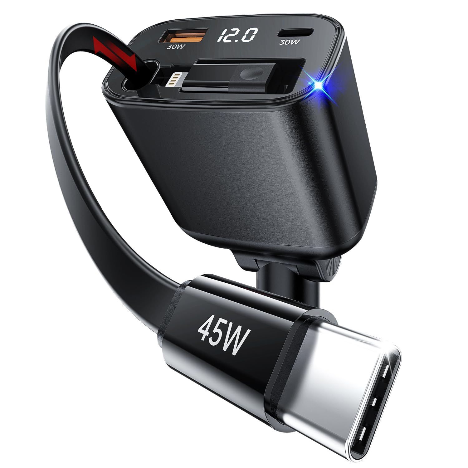 ブラック 【新モデル 4in1】車 充電器 シガーソケット USB巻き取り式カーチャージャー【Type-C 45W/ライトニング 27W急速充電】高速3ポート同時充電 12V/24車 スマホ 充電器 iPhone/iPad/Android/Samsung/な
