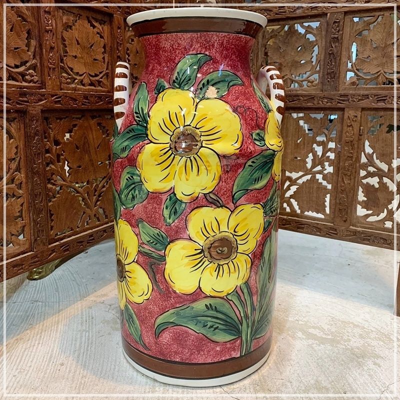 レトロ スペイン製 花瓶 高さ約45cm PINTADO A MANO 傘立て 大きめ フラワースタンド 陶器 ハンドペイント 手描き 花柄 花器 壺 ツボ 赤 黄色い花 オシャレ【RU0618-7】