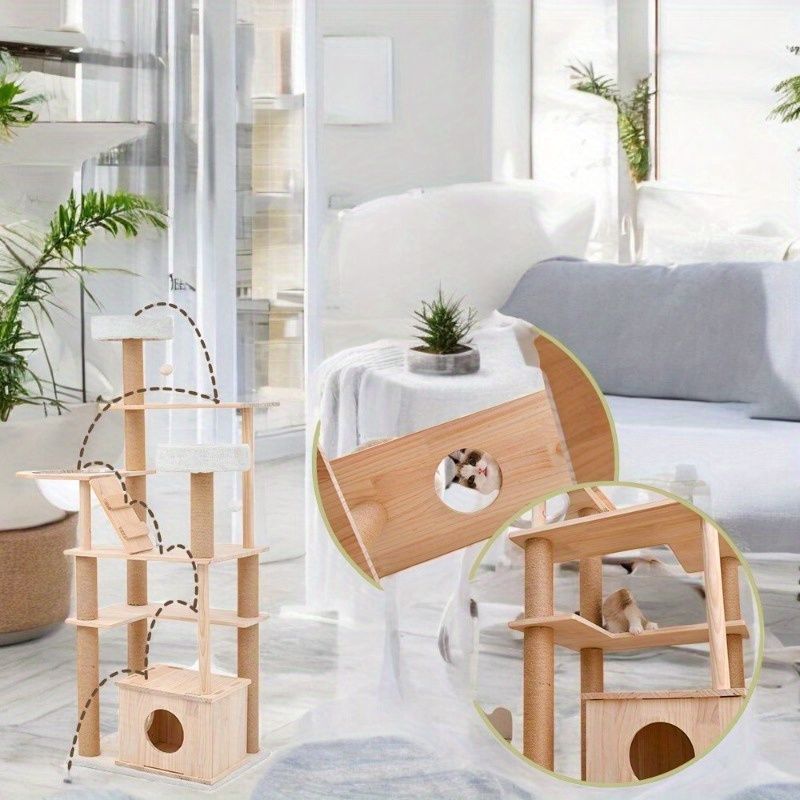 新着商品 1pc 自然木製猫タワー 宇宙船 ハンプストリング 爪切り おもちゃ 透明ボウル ペットハウス付き - 金属 登りやすい 省スペース 複数の頭 丸いコーナー 固定ペット用品iHd