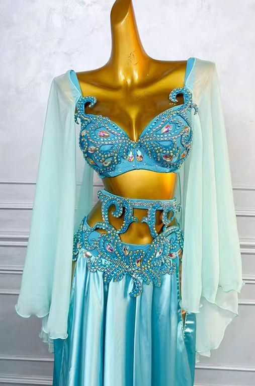 ベリーダンス衣装 ブラベルトスカートセット フレアスリーブ 水色