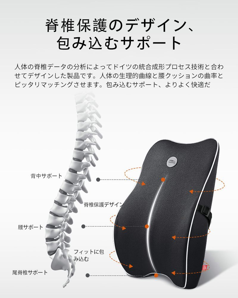 ⭐️未使用.新古品⭐️ Meikaso 腰クッション 低反発 ランバーサポート 人間工学の意匠特許オフィス 椅子 背もたれ 車用 腰枕 SGS認証/100D高密度クリア 取付バンド調節可能 車/自宅/オフィス/プレゼント用 クッション母の日 父の日(ブラック)