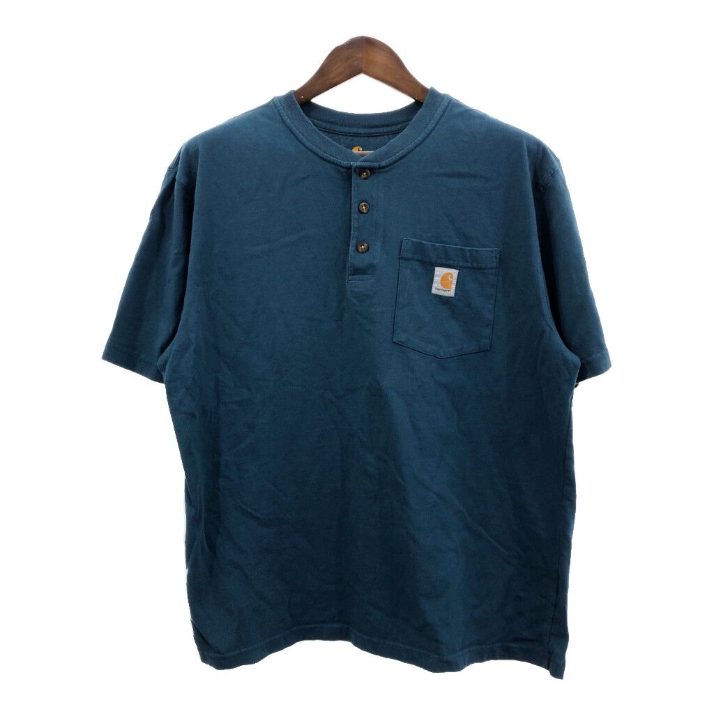 Carhartt カーハート ヘンリーネック ポケット 半袖Ｔシャツ ワンポイント ブルー (メンズ L) 中古 古着 Q7300