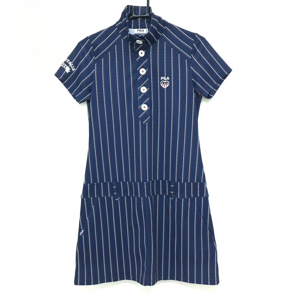 【超美品】フィラゴルフ 半袖ハイネックワンピース ネイビー×白 スクエアドット柄ストライプ 星柄 レディース M ゴルフウェア FILA GOLF