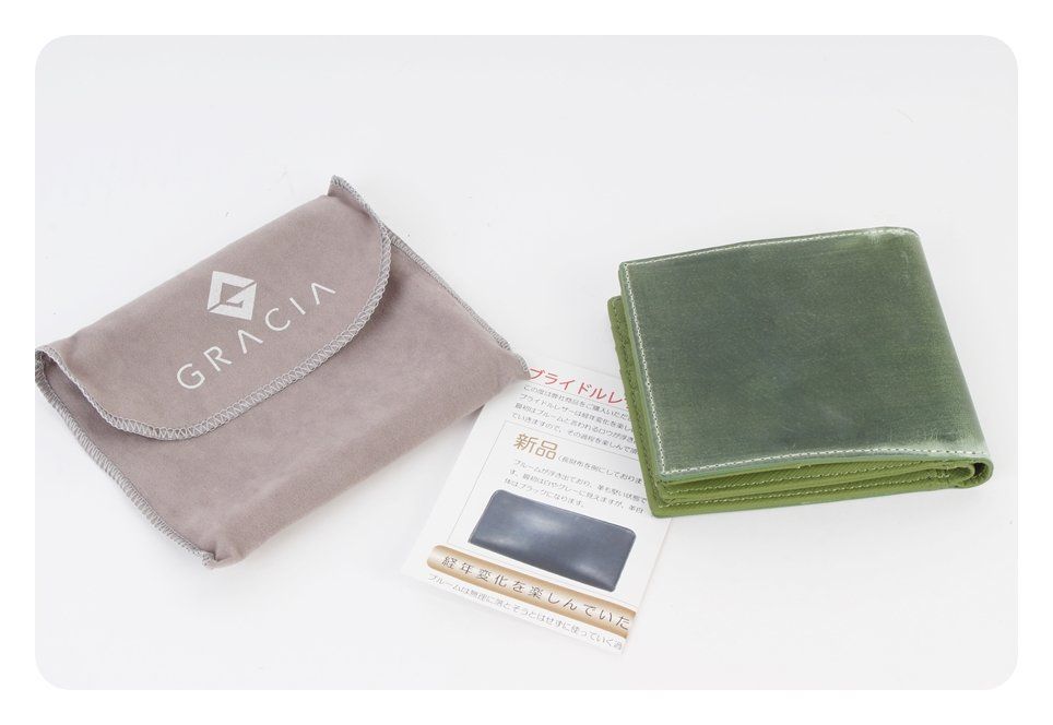 GRACIA ブライドルレザー 二つ折り 財布 グリーン 本革 メンズ 小銭