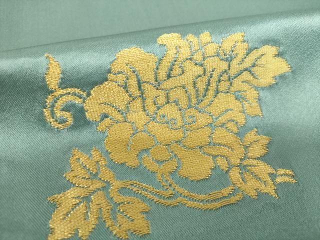 平和屋着物●西陣　川島織物　九寸開き名古屋帯　ワンポイント　牡丹文　千草色　金糸　正絹　逸品　DAAS3209ps 平和屋着物○西陣 川島織物 九寸開き名古屋帯 ワンポイント 牡丹文