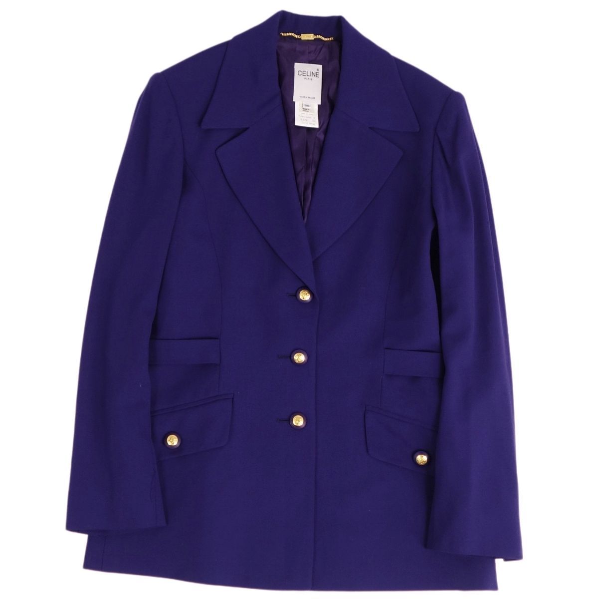 CELINE - 美品 Vintage セリーヌ CELINE ジャケット テーラードジャケット トリオンフボタン ロゴバックル ウール アウター レディース 38(M相当) ブルー 美品 Vintage セリーヌ CELINE ジャケット テーラードジャケット