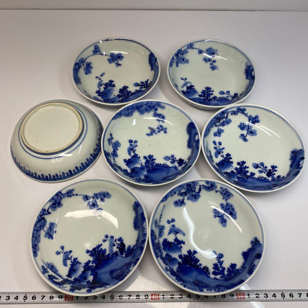 古伊万里 染付 草花図 膾皿 7客 トヒチ 東さ6-0618④