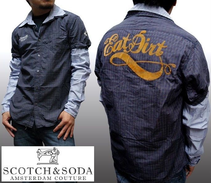 239 スコッチ&ソーダ スコッチアンドソーダ scotch&soda メンズ 長袖 レイヤードシャツ ストライプ チェック バックプリント ネイビー ブルー ダブルボタン トップス カジュアル サーフ セレブ ストリート ヨーロピアン ヴィンテージ