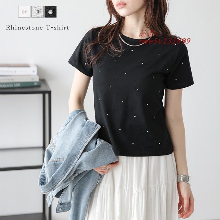 ラインストーン Tシャツ 半袖 クルーネック ベーシック コンパクト トップス nee5v131899
