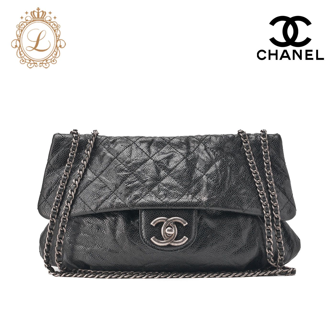 CHANEL シャネル チェーンショルダーバッグ マトラッセ しわデザイン シングルフラップ ターンロック キャビアスキン 黒 シルバー金具 レディース 送料無料