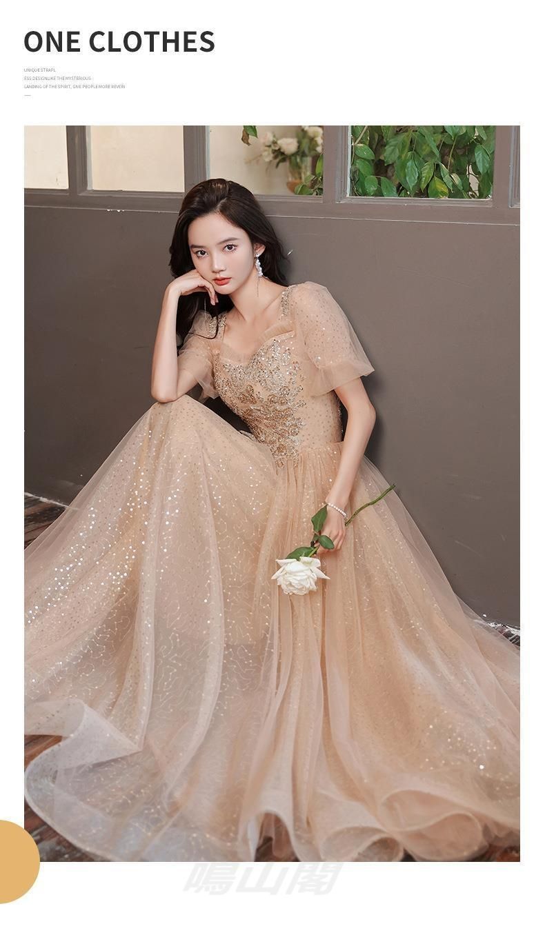 シャンパン ドレス 声楽発表 司会 演奏会向け 感Aラインワンピース レディース三分袖WP 109