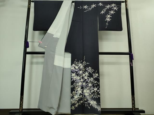平和屋着物 上 本加賀友禅作家 訪問着 こでまり 暈し染め 紫黒色地 証紙付き DZAA8449kh5