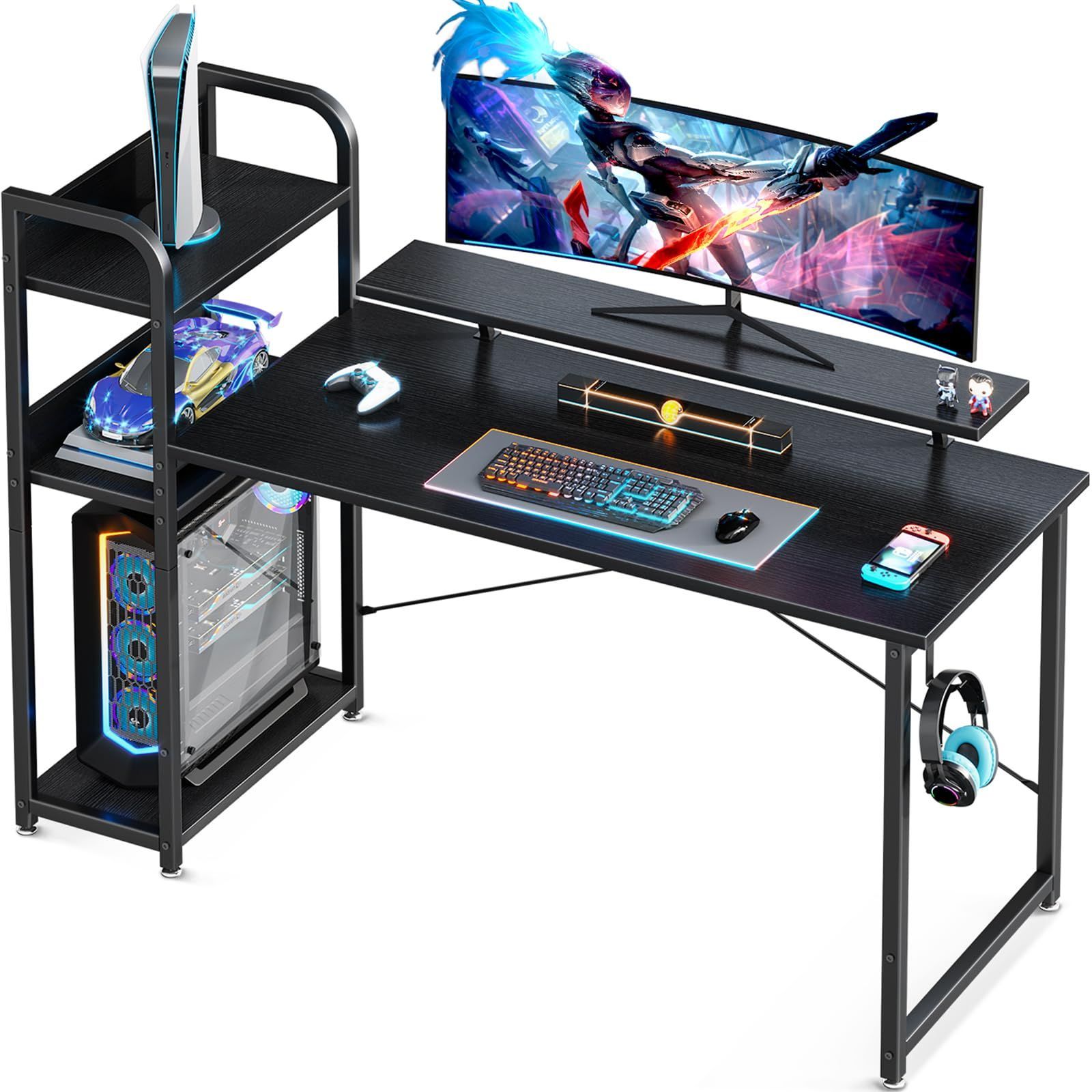 【数量限定】ゲームデスク モニター台/3段棚付き 机 ワークデスク gaming パソコン desk 幅130cm 子 左右入れ替え対応 ラック付き おしゃれ pcデスク 省スペース 仕事用 ゲーミングデスク 在宅勤