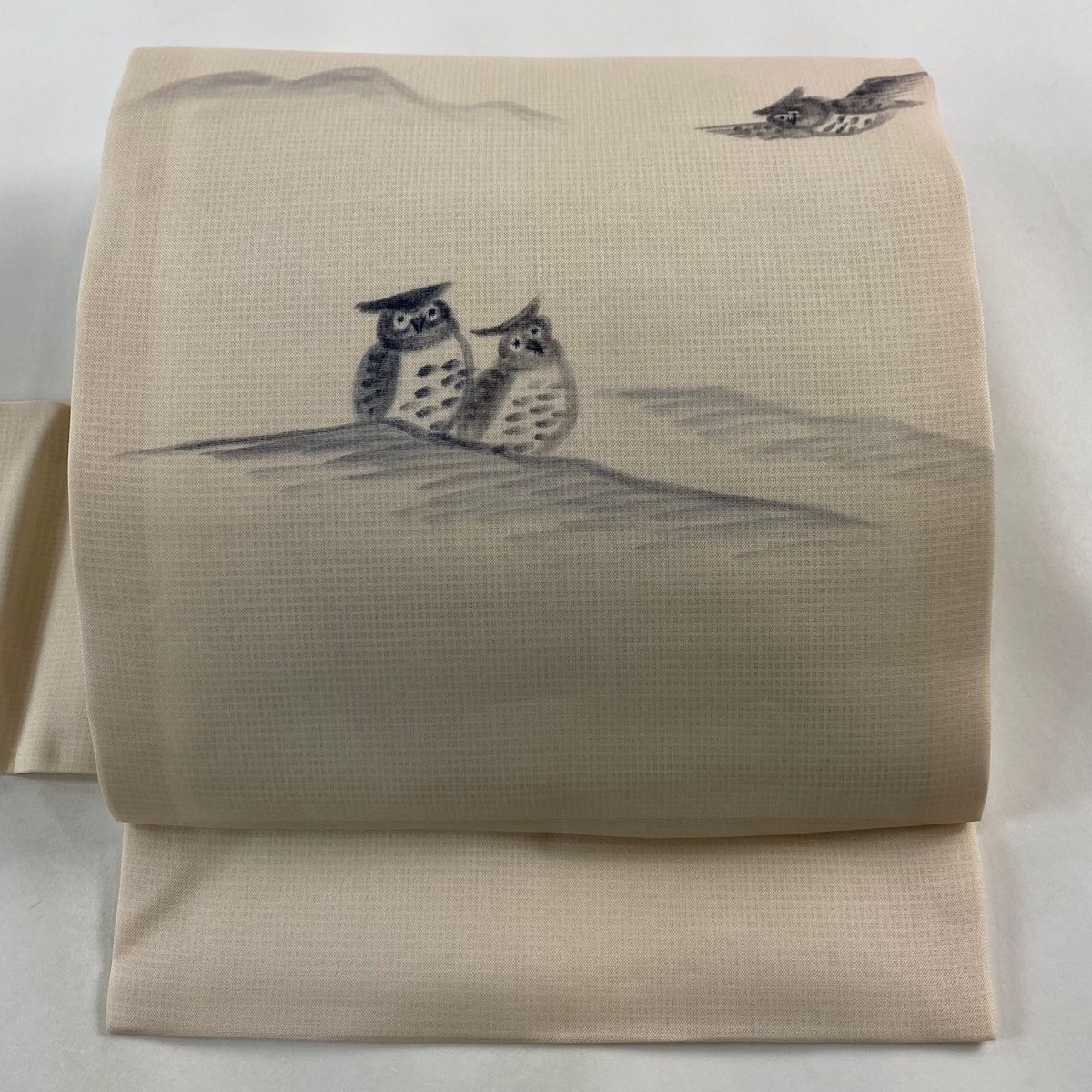 名古屋帯 美品 秀品 夏帯 ふくろう 山並み ベージュ 正絹 【中古