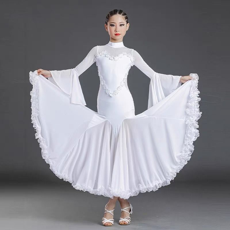 モダン競技ドレス フロアーリングスカート 社交ダンスドレス フロアーリングスカート ホワイト 大人用 子供用 LLC-HASEGAWATOSO_COM