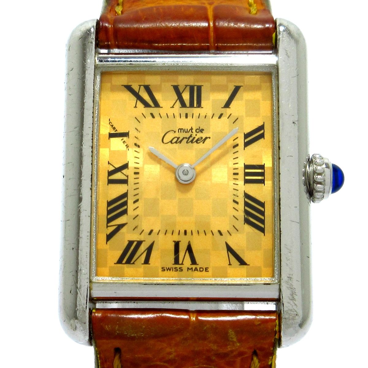 Cartier(カルティエ) 腕時計 マストタンクSM W1017654 レディース 925/文字盤ブロックチェック柄/クロコベルト オレンジ -  メルカリ