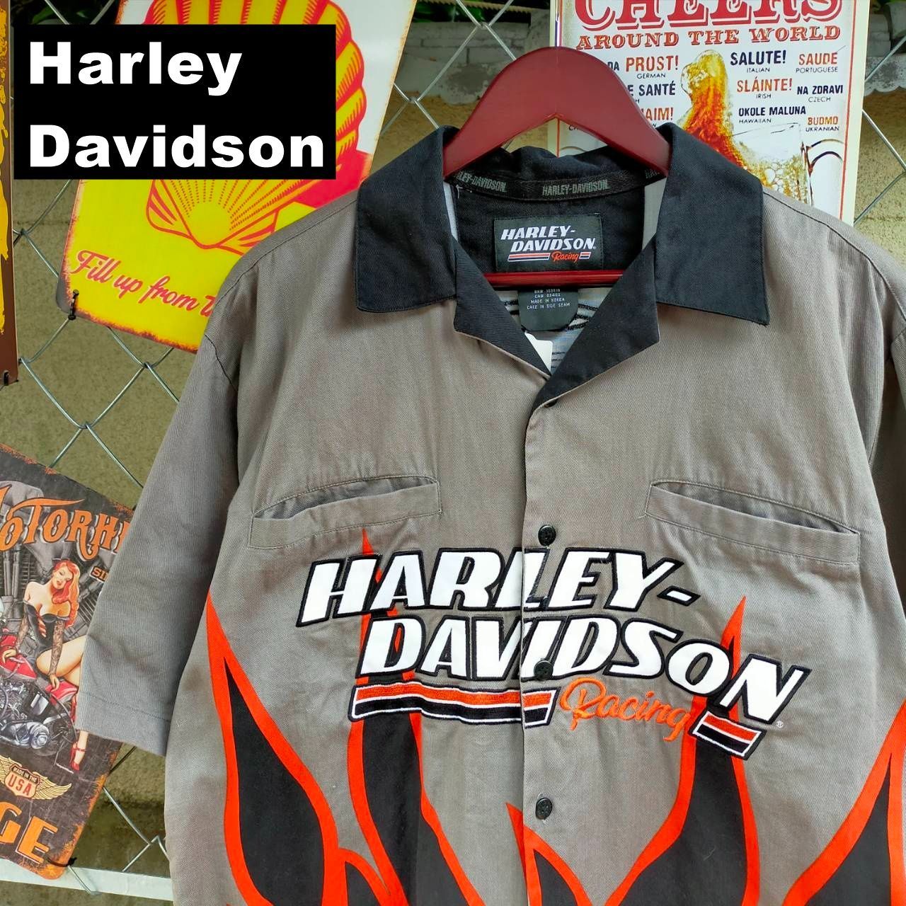 HARLEY-DAVIDSON ハーレーダビッドソン 半袖シャツ Mサイズ オープン ファイヤーパターン スクリーミンイーグル グレー 10656