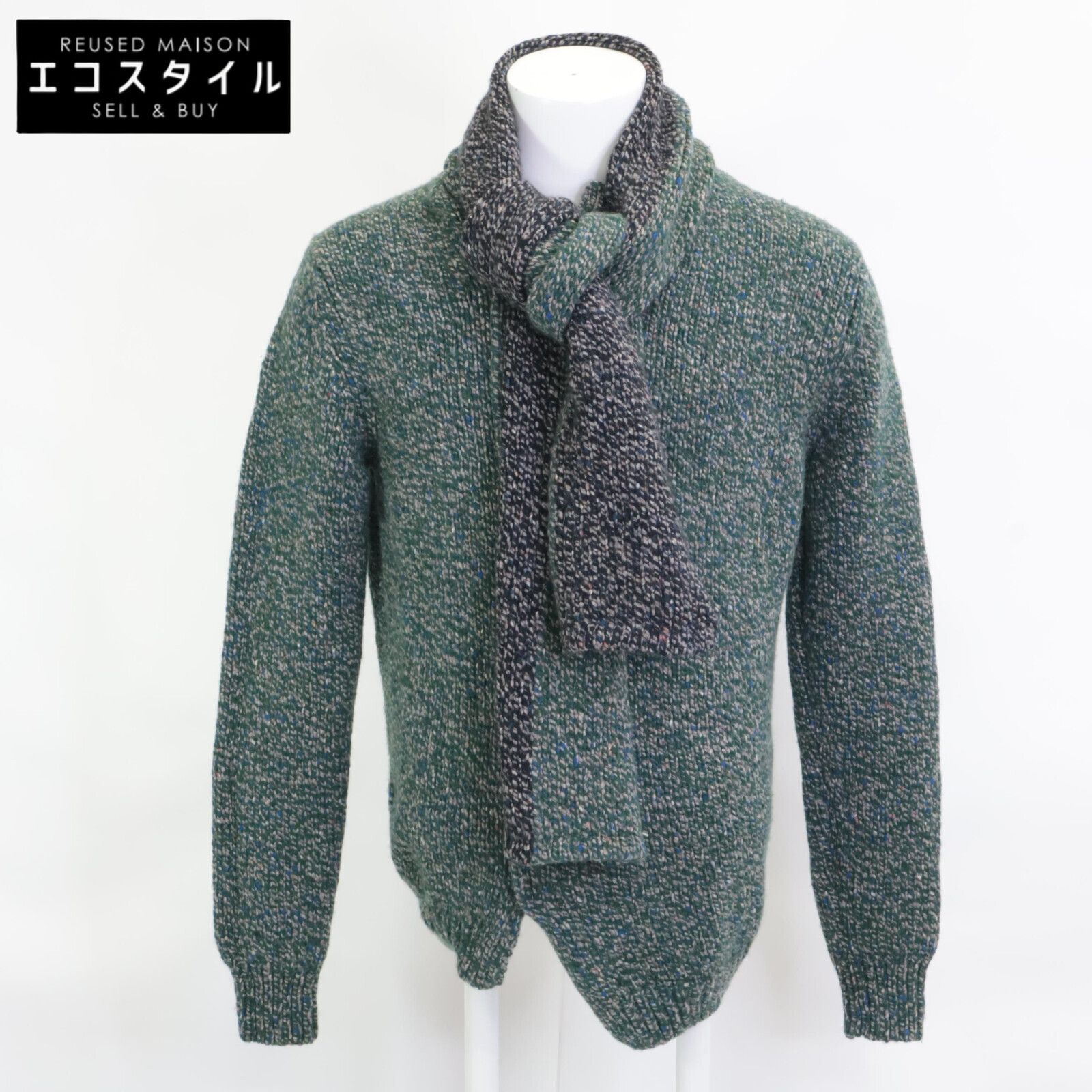 BOTTEGA VENETA ボッテガヴェネタ ｸﾞﾘｰﾝ×ｸﾞﾚｰ ｶｼﾐﾔ×ｳｰﾙ混 ｽﾄｰﾙ付きﾆｯﾄ 48