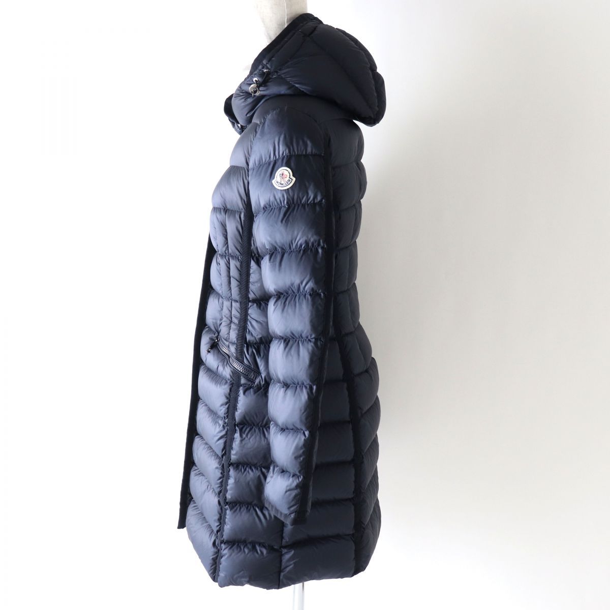 美品◎正規品 MONCLER モンクレール HERMINE エルミンヌ 美シルエット レディース ワッペン・フード付き ロングダウンコート ネイビー 0