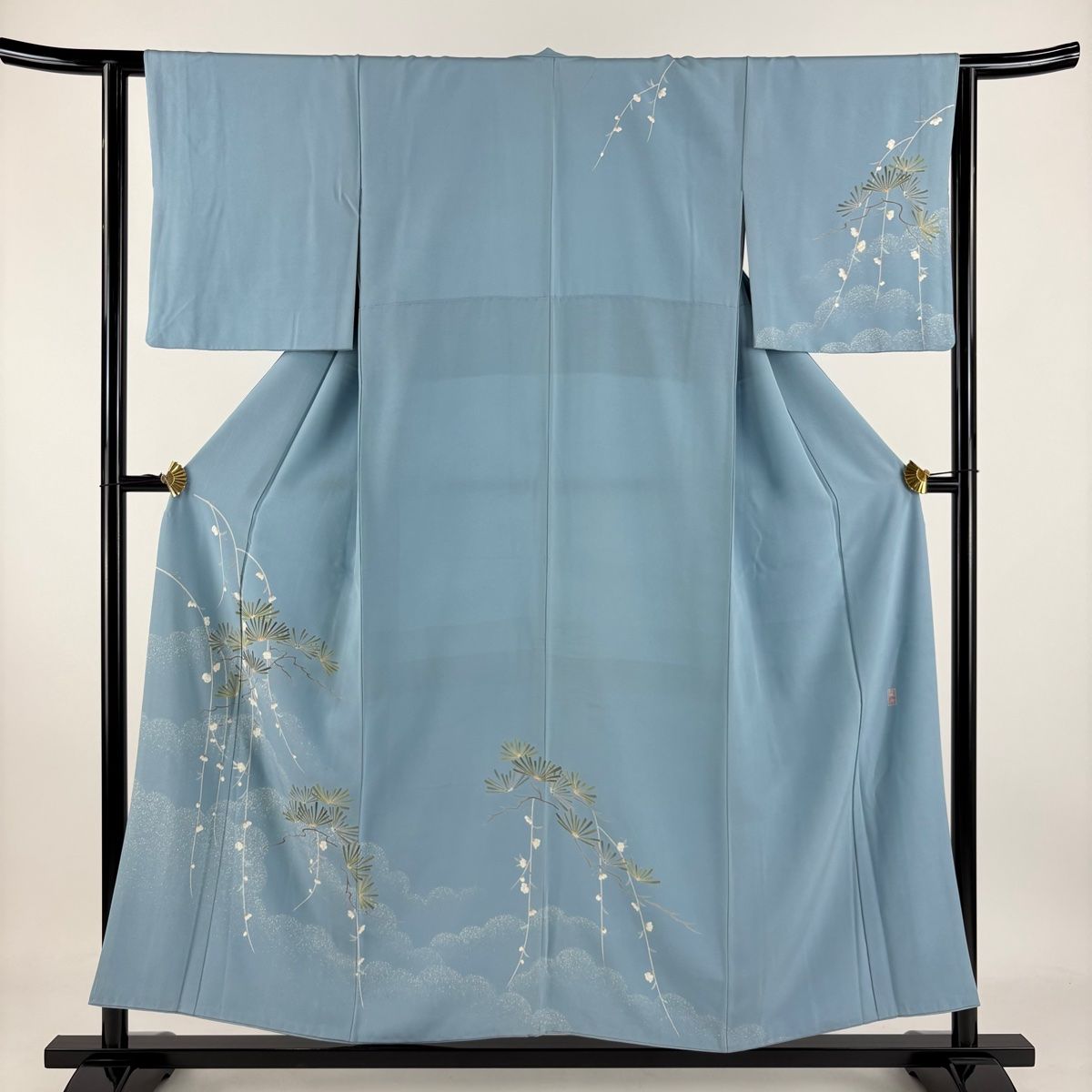 訪問着 身丈154cm 裄丈63cm S 袷 藤舟 落款 若松 梅 ぼかし 水色 正絹 名品