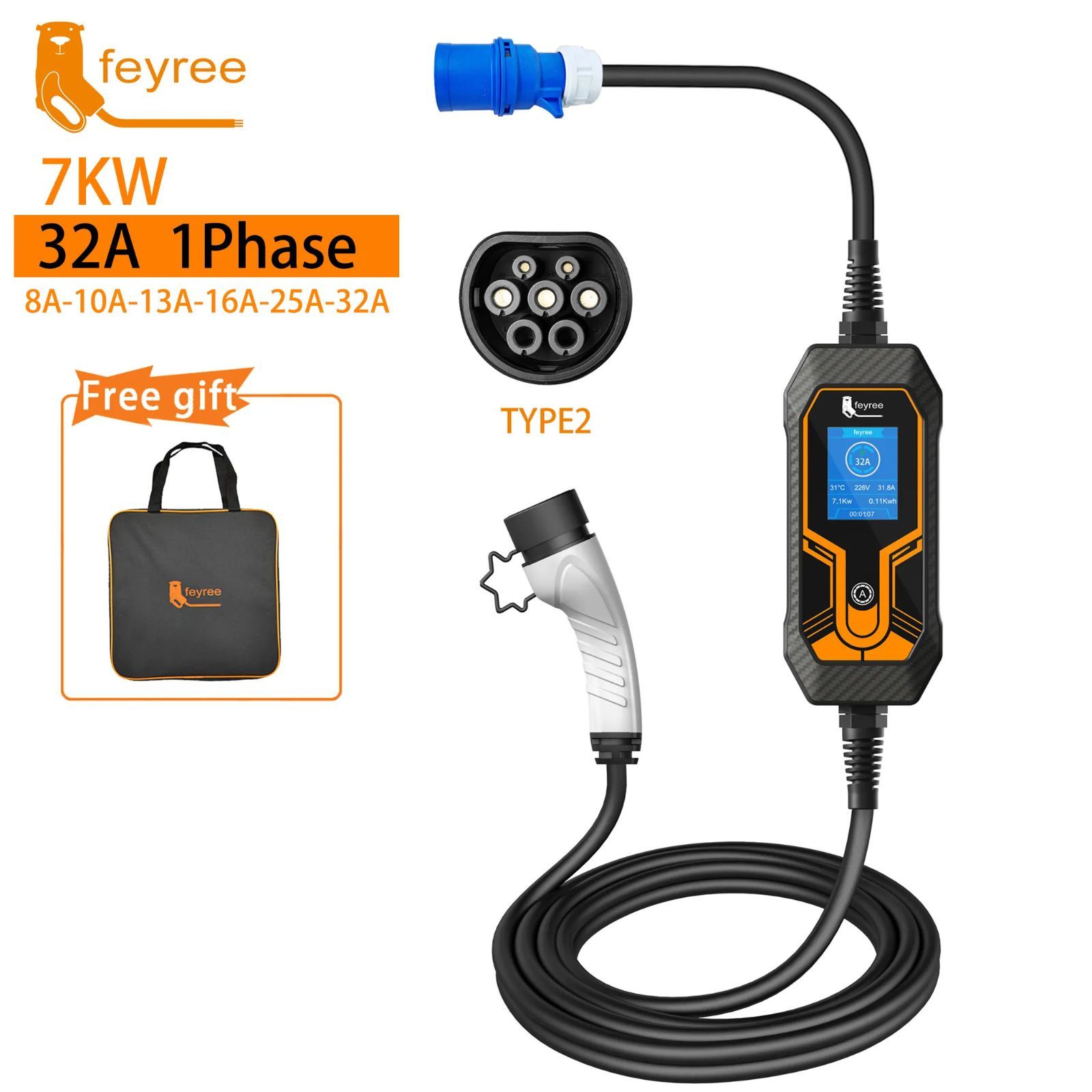 ポータブルEV車の充電器 平行輸入車用 IEC62196-2 Type2 32A 1相