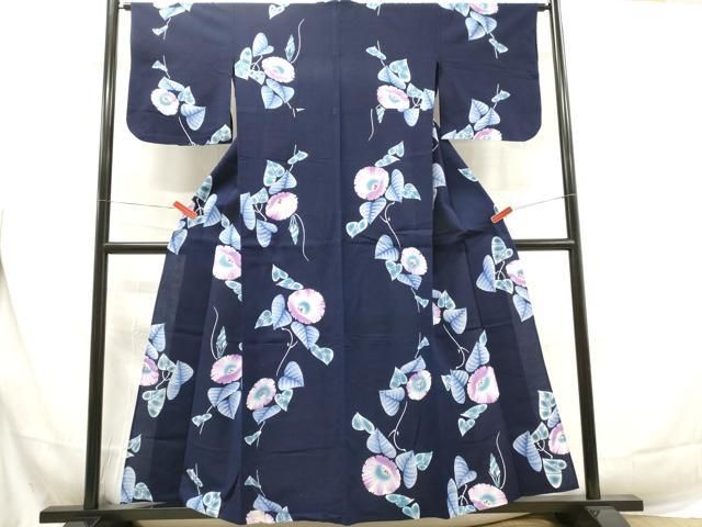 平和屋着物∴夏物 綿紅梅 浴衣 舞蝶文 黒地 銀彩 綿 逸品