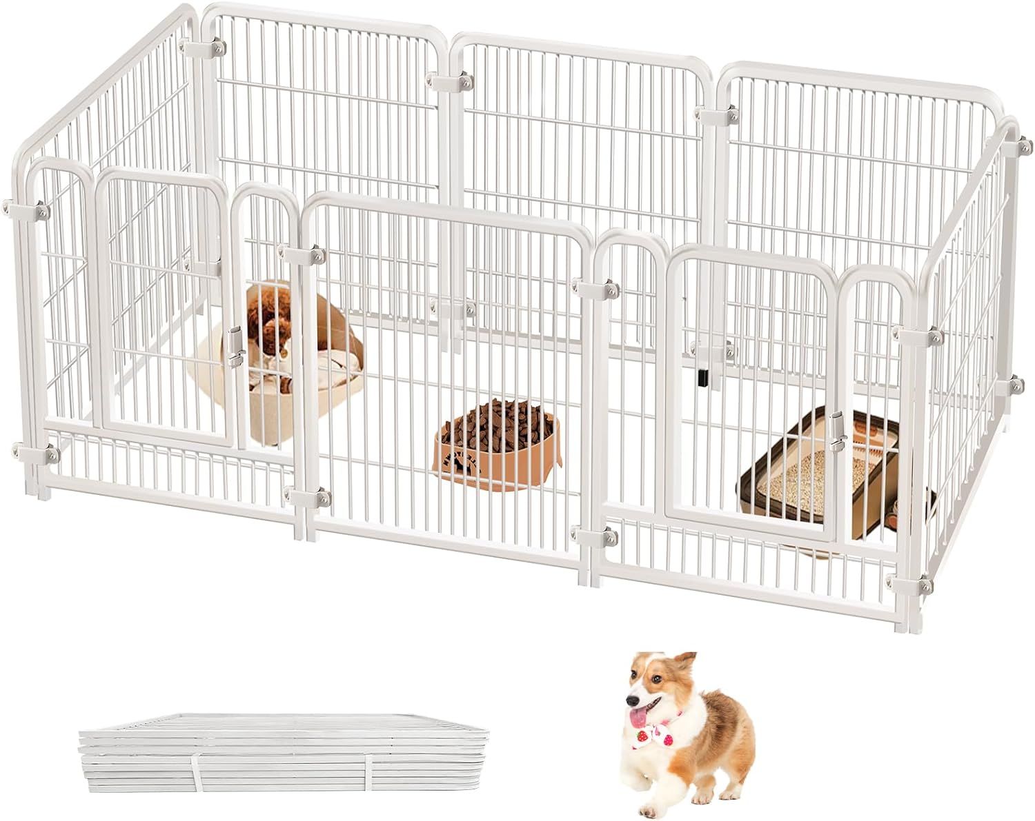 Areden ペットサークル ペットフェンス 犬 サークルケージ ドア付き（2つのドア、180x60x70cm 8枚 ホワイト） 折りたたみ可能 栅 組立簡単 レイアウト自由 トイレトレーニング 脱走防止 自立 ケー