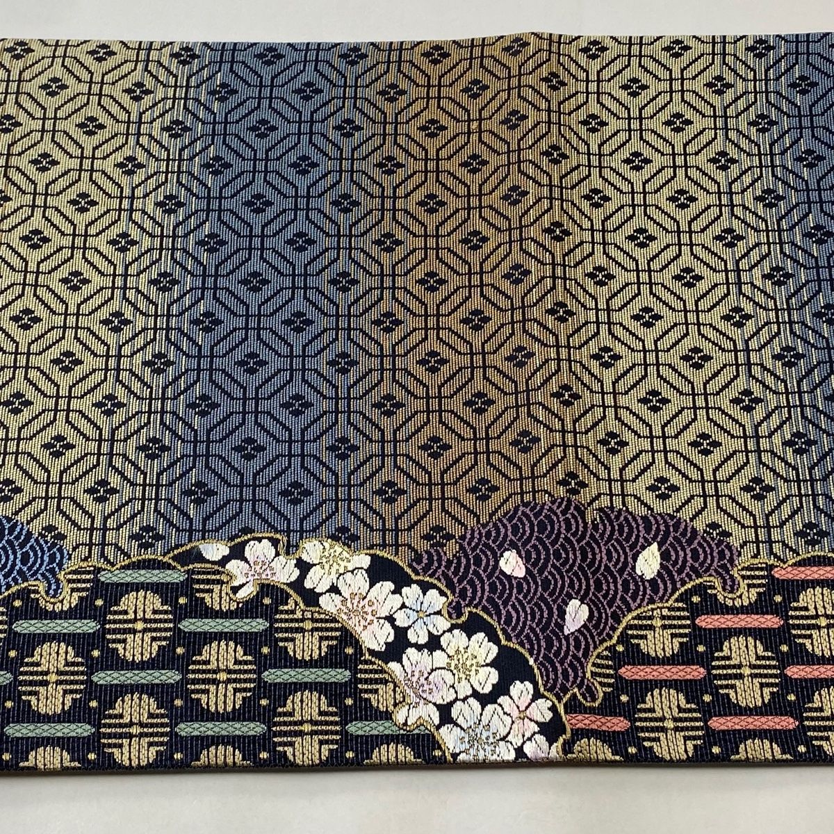 袋帯 美品 逸品 やまと 雪輪 桜 金糸 青灰色 六通 正絹 【中古
