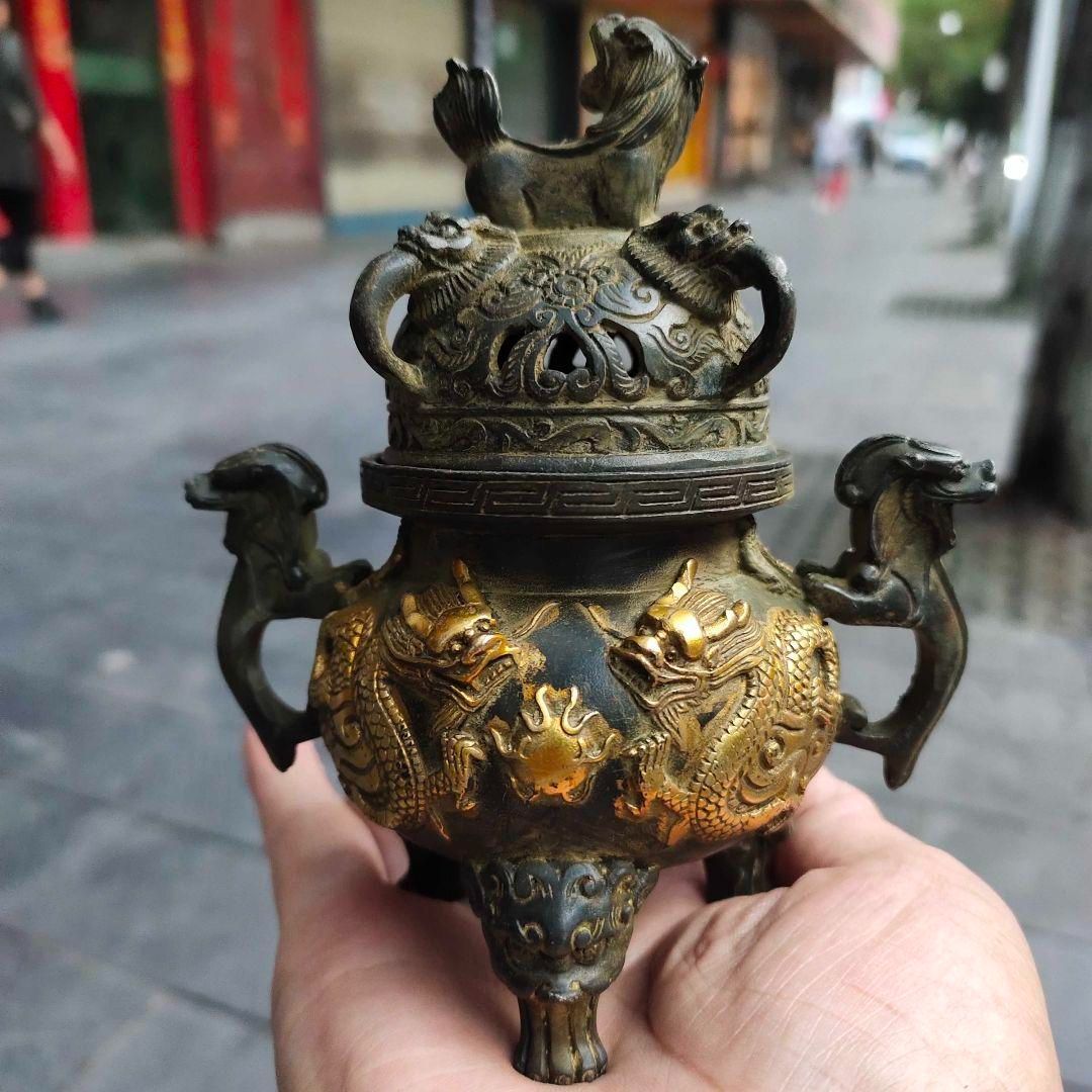 龍鳳香炉 銅器 稀少品 茶道具 重厚 極細工 工芸品 美術品 茶寵の置物