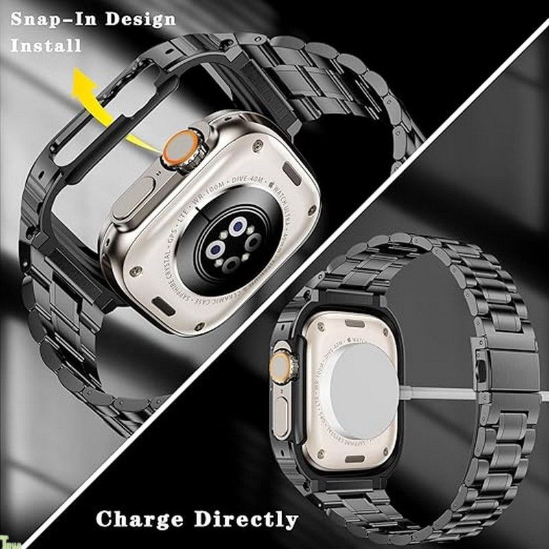 MioHHR ステンレススティール製バンド ケース互換性 Apple Watch Bands 49mm 金属製保護バンパーカバー付き頑丈なストラップ iWatch Ultra 3 2 1 男性用 スペースグレイ a