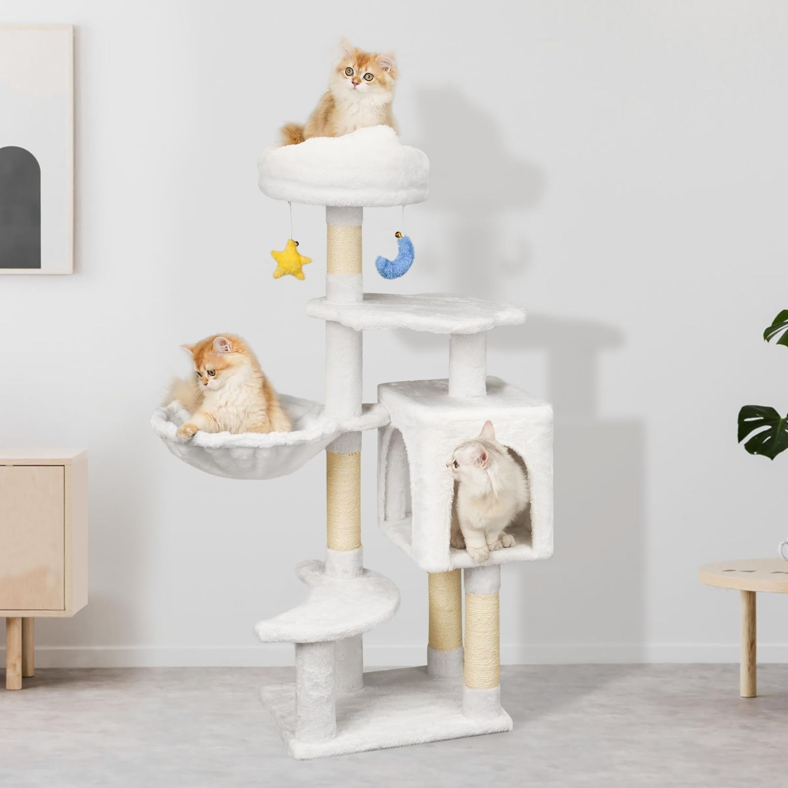 子猫 中型 大型猫ハウス 猫 爪研ぎ タワー 猫タワー キャットタワー可愛 雲型 い猫 ベッド 天然サイザル麻 キャットタワー ハンモック おもちゃ 据え置き 転倒防止 運動不足解消 Meecal 省スペース - 高さ110cm ホワイト